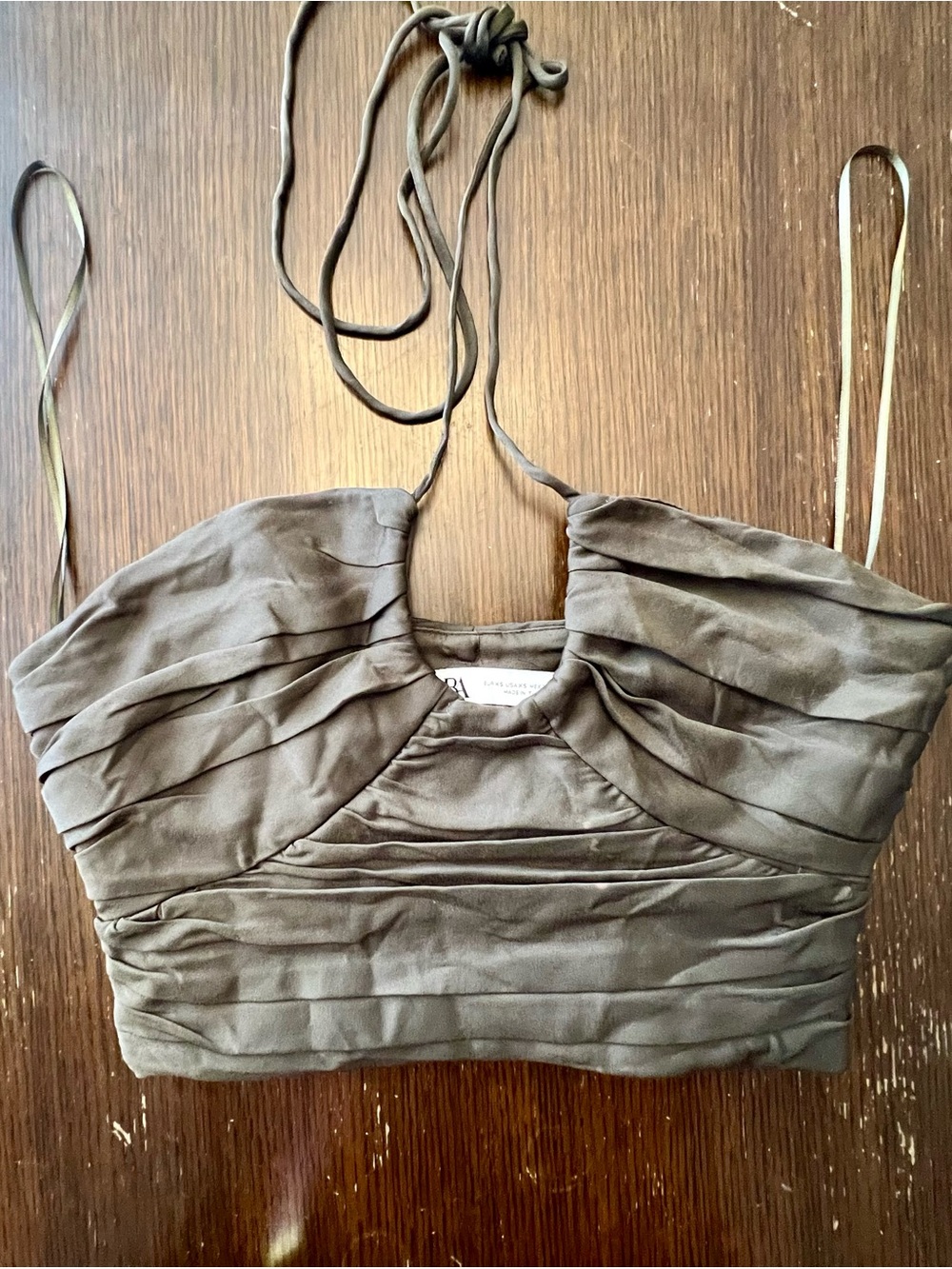 Zara XS Satin Halter Ruched Crop Top Olive Green